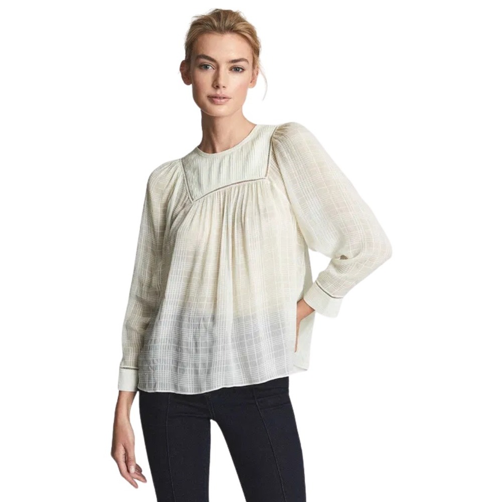 REISS Top Womens US 8 Textured Grid Long Sleeve Blouse Quiet Luxury Coquette